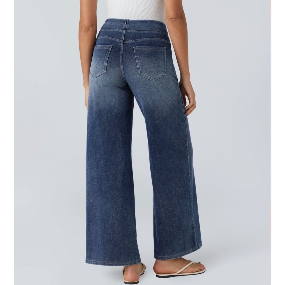 Halara Flex High Waisted Pockets Baggy Wide Leg Washed Casual Jeans Blue XL